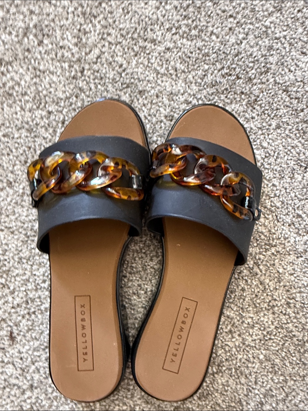 Yellow Box Black Slide Sandals with Tortoise Chain